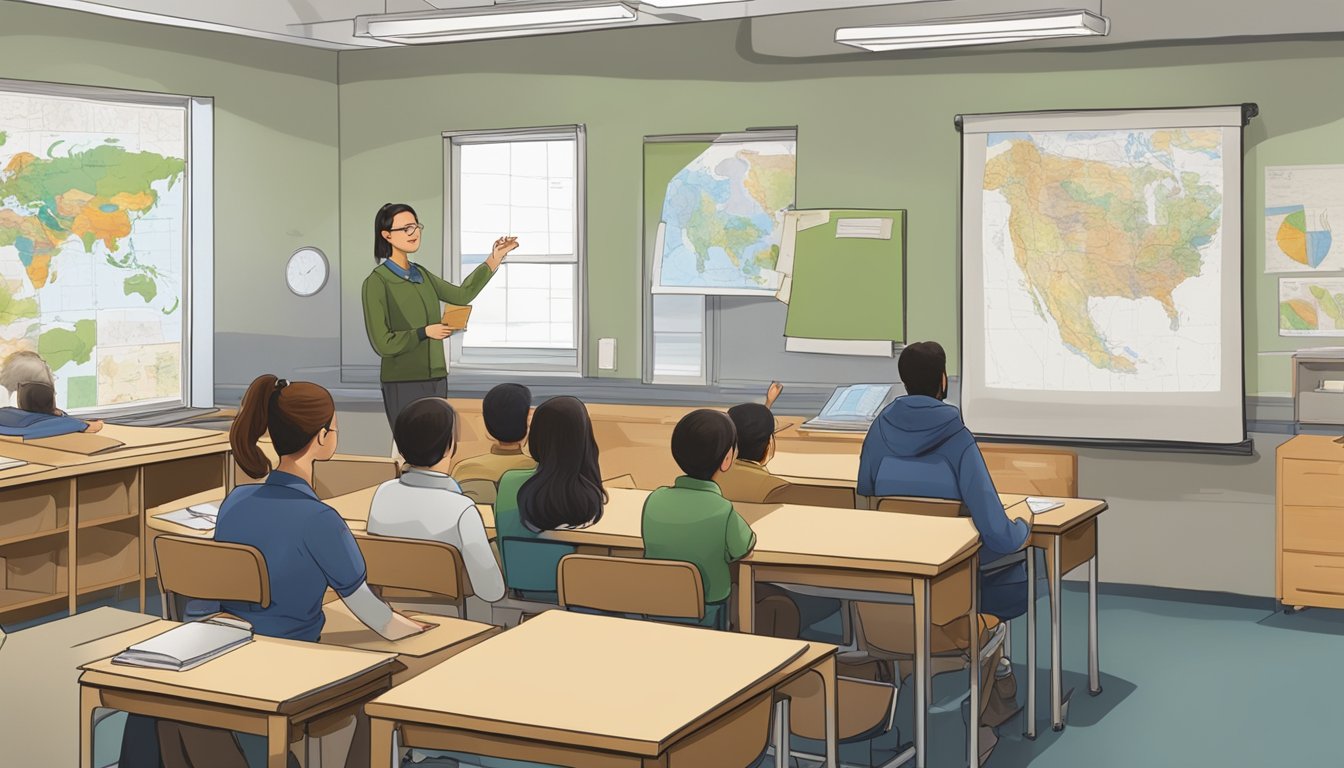 A classroom setting with a group of students and an instructor discussing hunter education funding. Maps, charts, and educational materials are displayed on the walls