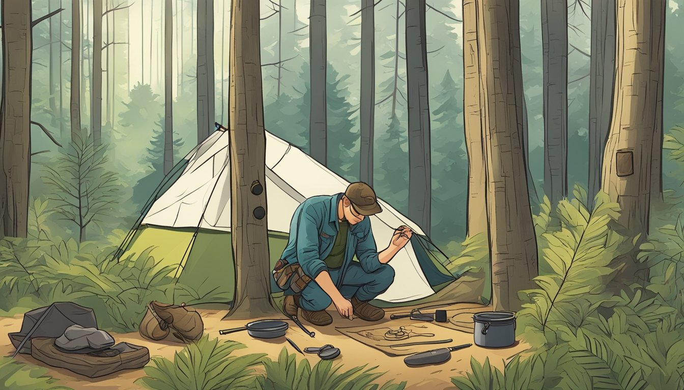 A forest clearing with a hunter education graduate demonstrating practical skills such as setting up a tent, identifying animal tracks, and using a compass