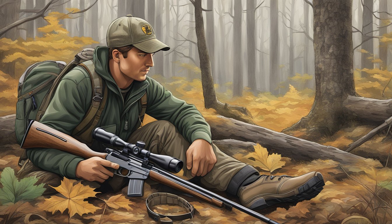 A hunter laying out gear, checking rifle, and reviewing safety procedures before heading into the woods