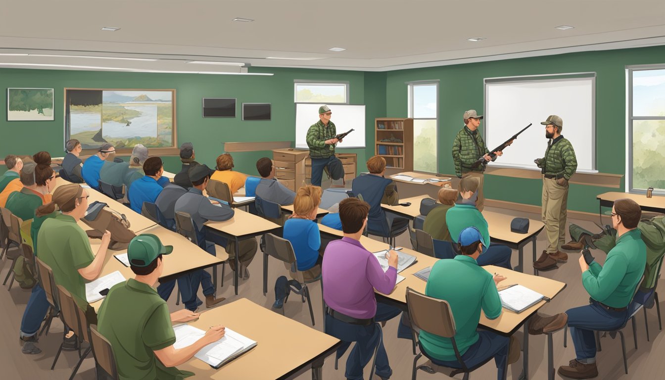 A group of people attending a hunter education course in a classroom setting, with instructors teaching firearm safety and wildlife conservation