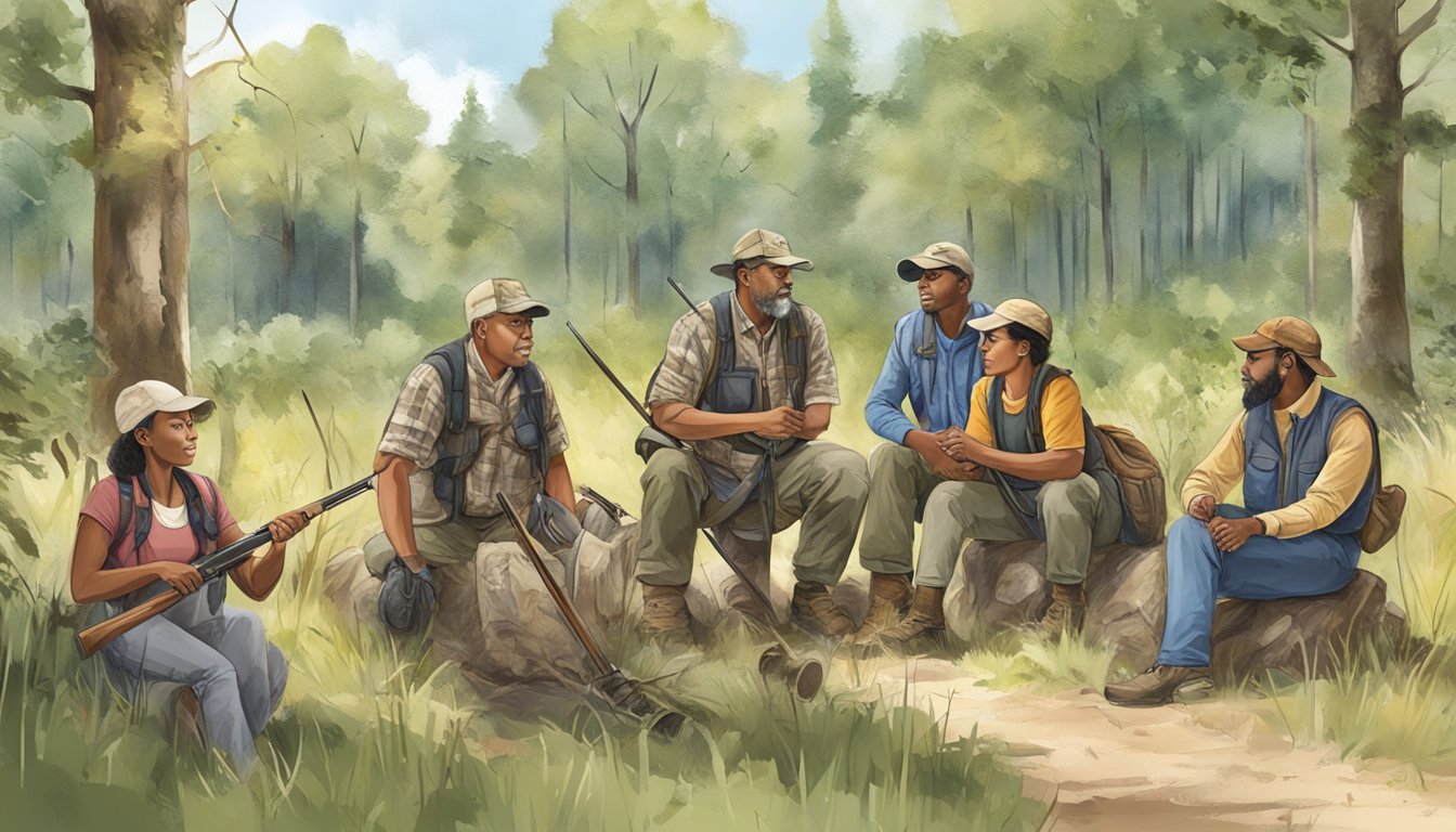 A group of diverse individuals, including different ethnicities and ages, engaged in a hunter education program in a natural outdoor setting