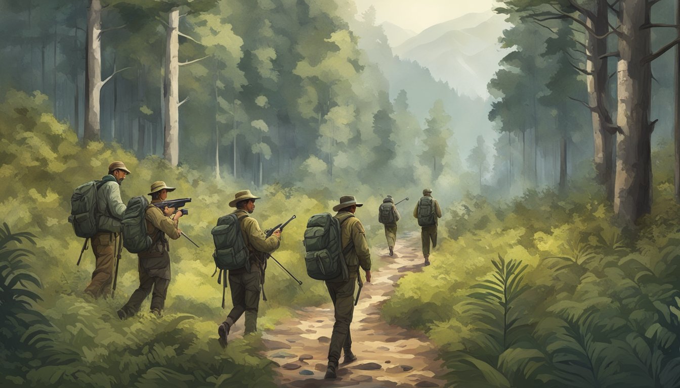 A group of hunters navigate through a dense forest, carrying their gear and carefully observing the environment. A variety of wildlife can be seen in the background