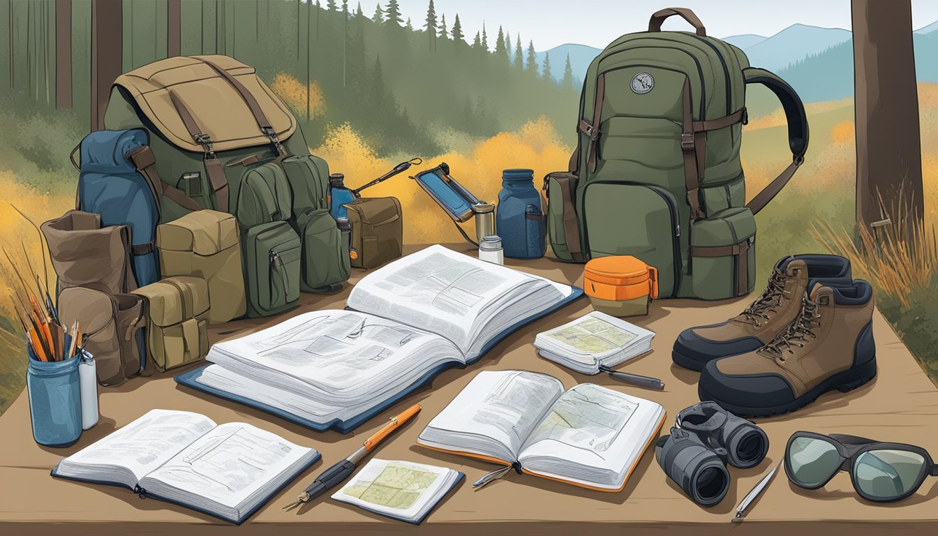 A person studying outdoors with a variety of hunting and outdoor gear scattered around them, including a hunter education textbook and notes