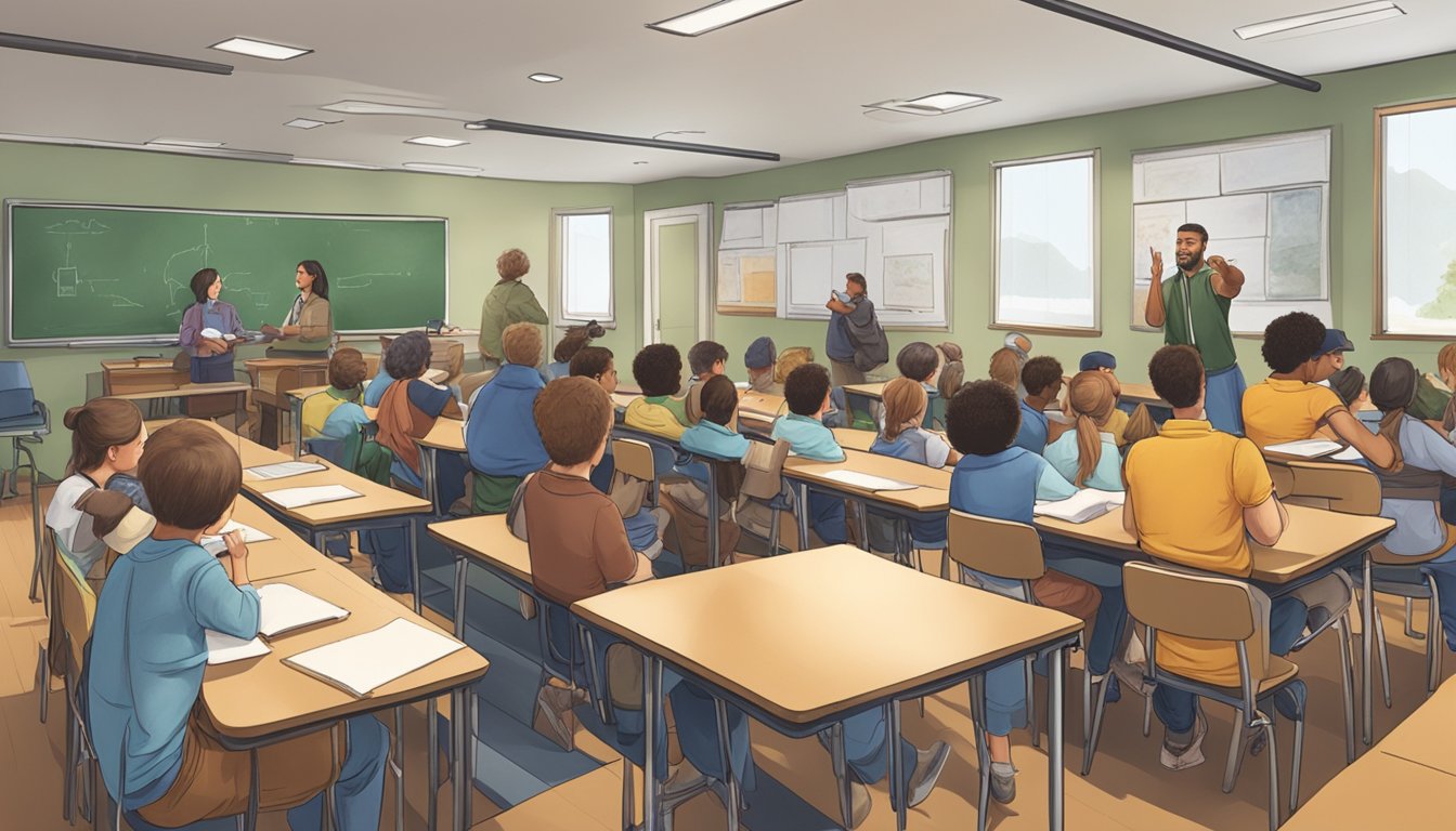 A group of people attending a hunter education class in a classroom setting, with instructors and students engaged in learning activities