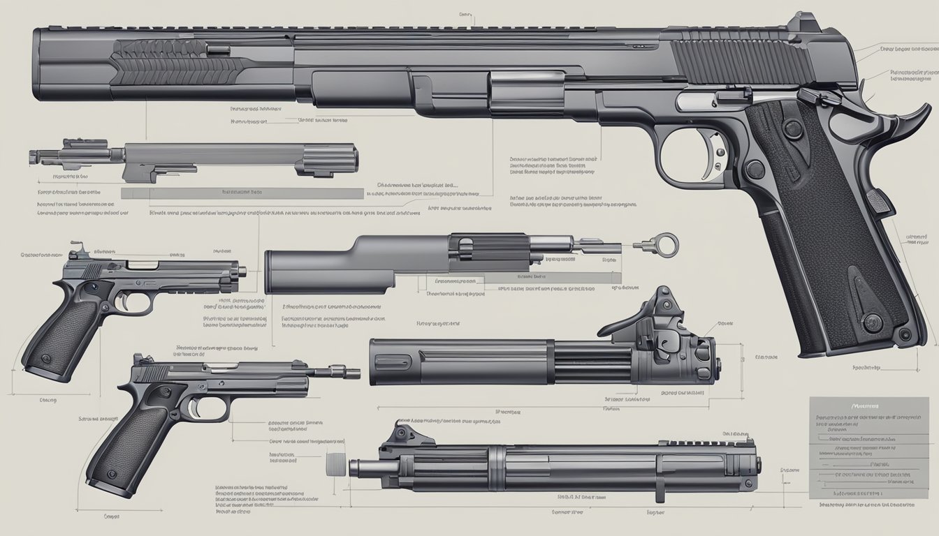 A detailed illustration of a firearm's anatomy and proper handling techniques, including safety measures and key components