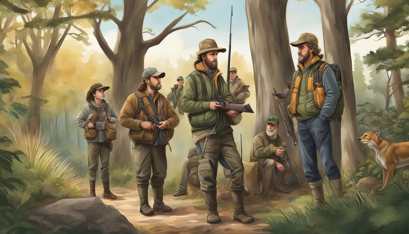 A group of hunters attending an outdoor education program, surrounded by nature and wildlife