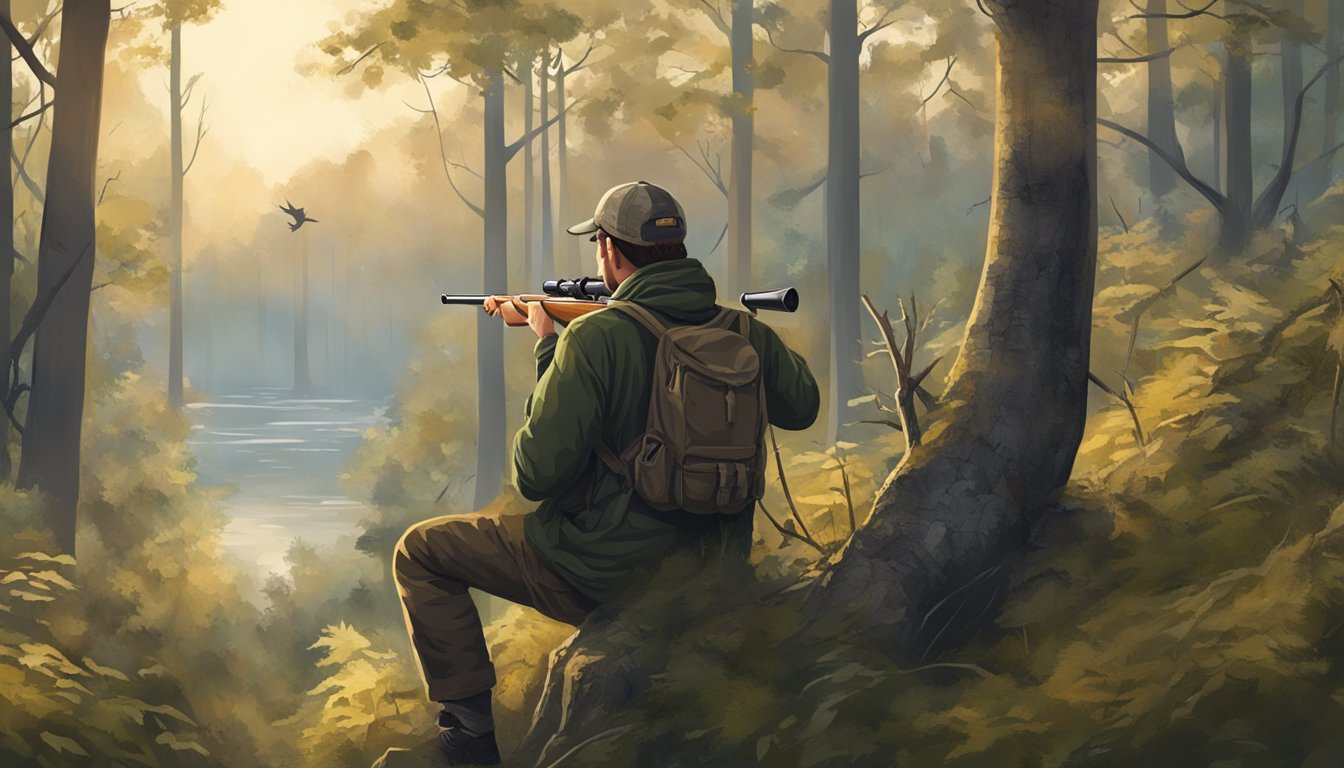 A hunter respectfully waits in the woods, observing wildlife from a distance, aiming to understand and coexist with nature