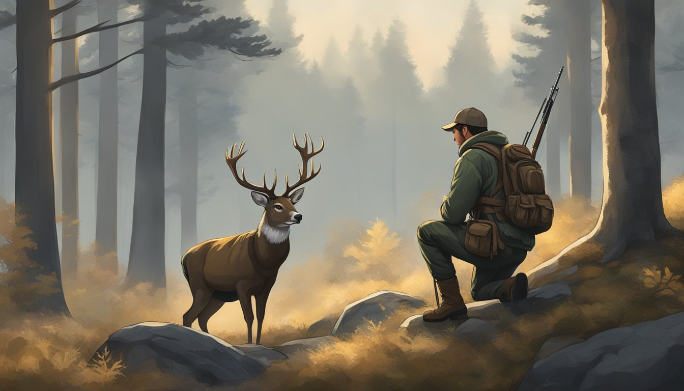 A hunter kneeling in the forest, bow in hand, eyes focused on a deer in the distance. The surroundings are peaceful and natural