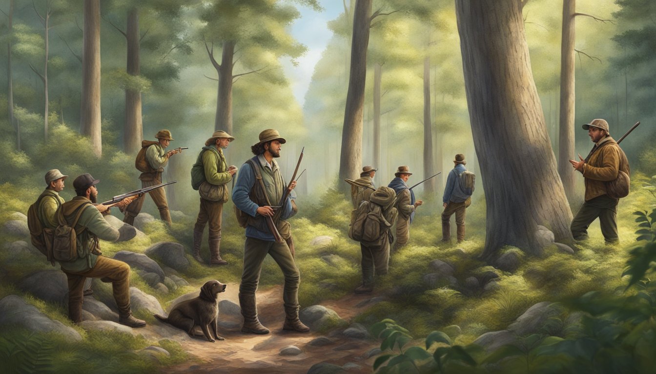 A group of hunters receiving education in a forest clearing, surrounded by trees and wildlife