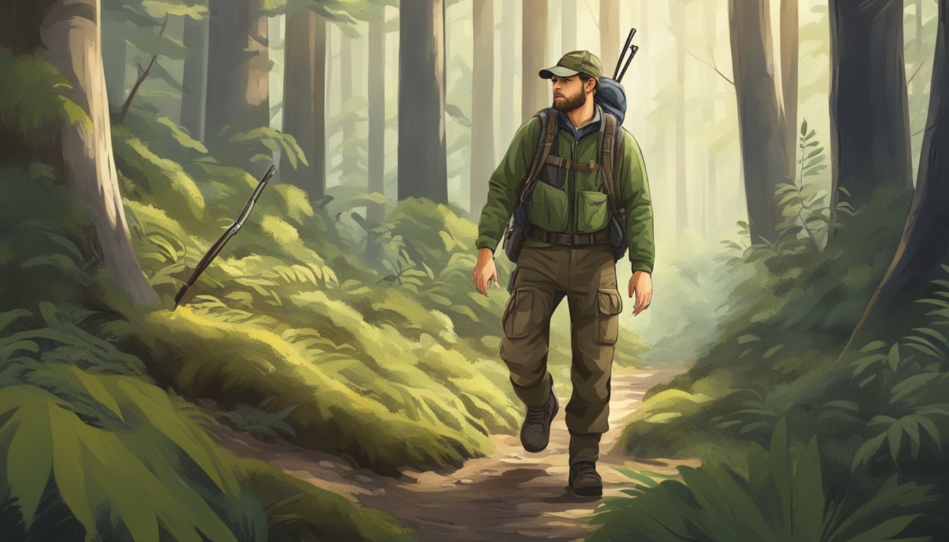 A hunter navigating through a dense forest, studying animal tracks and identifying wildlife for educational purposes