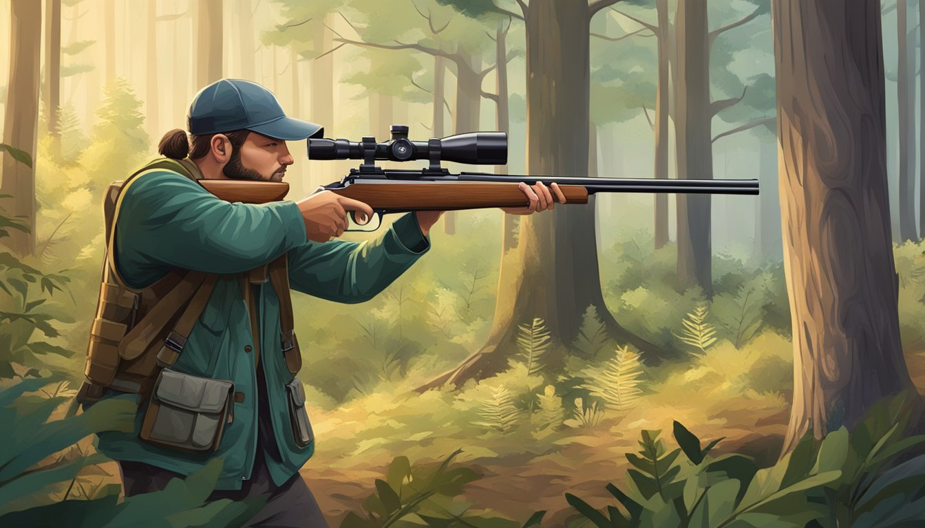 A hunter aiming a rifle at a target in a wooded area