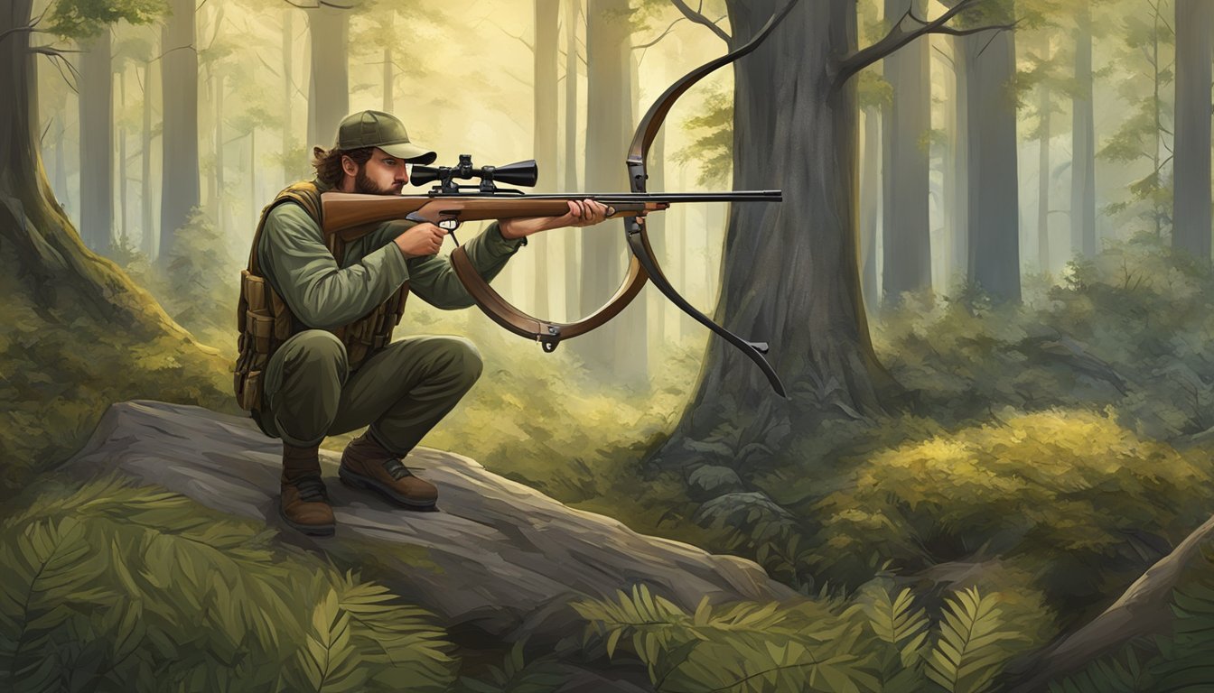 A hunter kneeling in a forest, with a bow and muzzleloader, surrounded by trees and wildlife