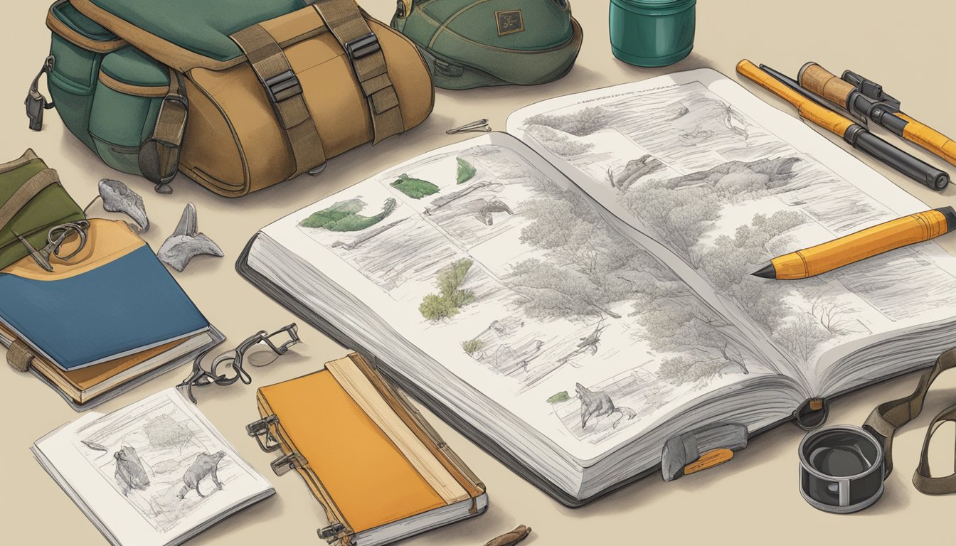 A hunter education workbook surrounded by outdoor gear and wildlife illustrations