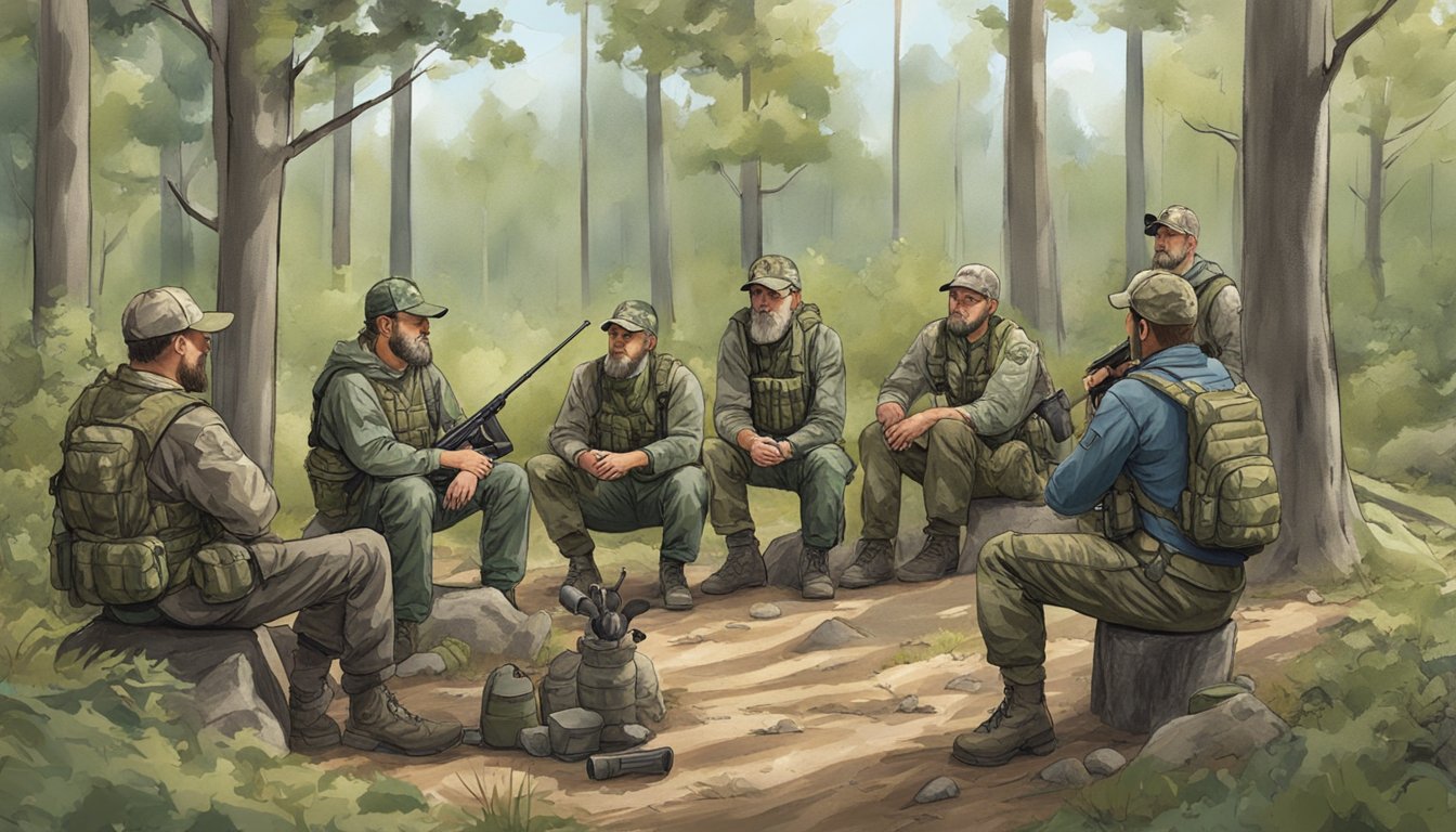 A group of hunters in camouflage gear gather around an instructor in a wooded area, listening attentively to a lesson on wildlife conservation and firearm safety