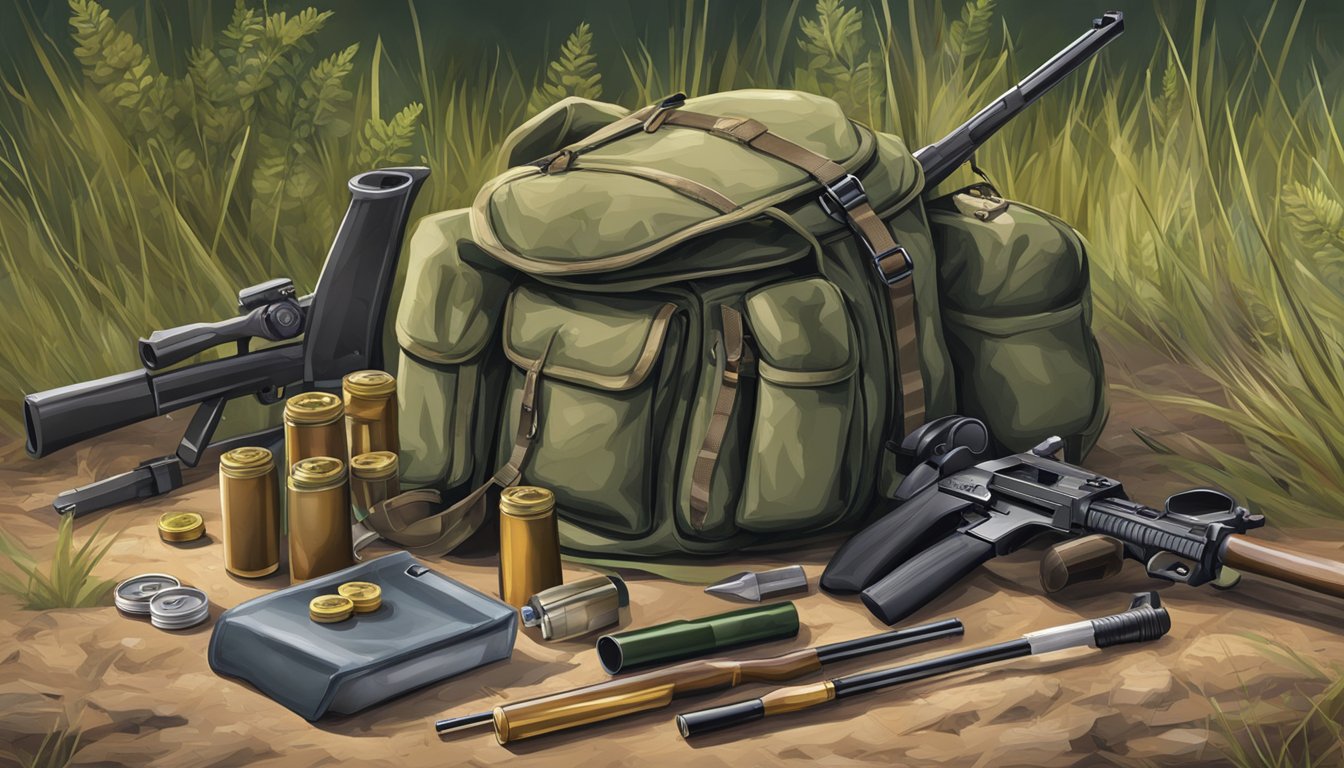 A hunter's backpack open on the ground, with a rifle and ammunition visible inside