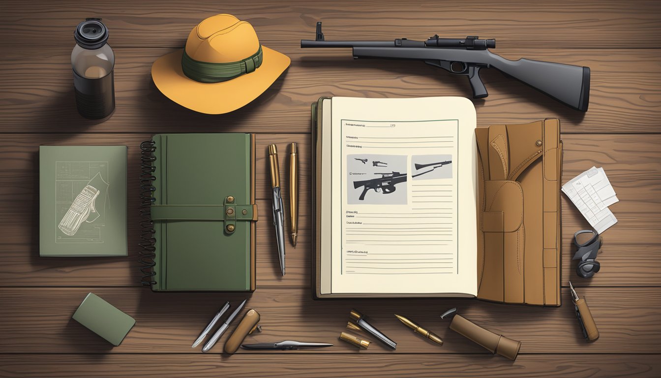 A hunter's safety workbook open on a wooden table, with a rifle and ammunition nearby