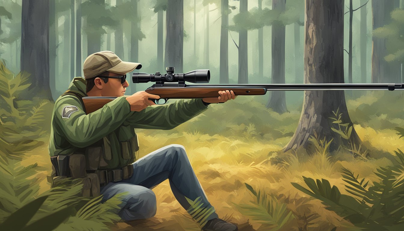 A hunter aiming a rifle at a target in a forest clearing