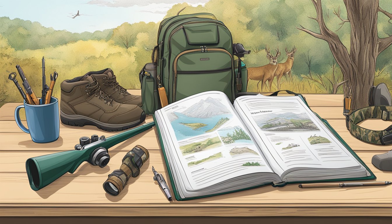 A hunter's safety workbook open on a table, surrounded by hunting gear, a rifle, and wildlife illustrations