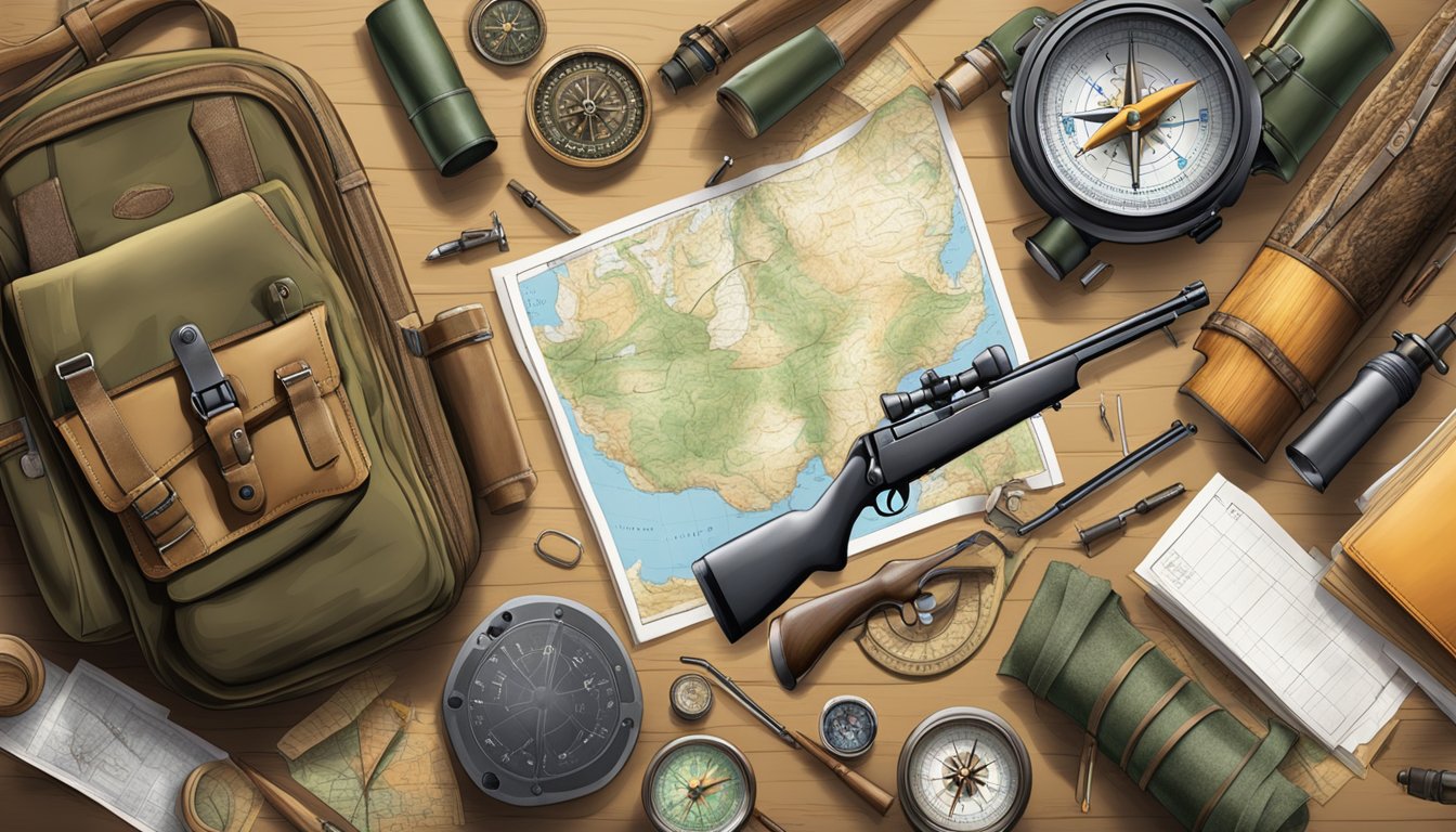 A table with hunting gear, a rifle, compass, map, and educational materials spread out