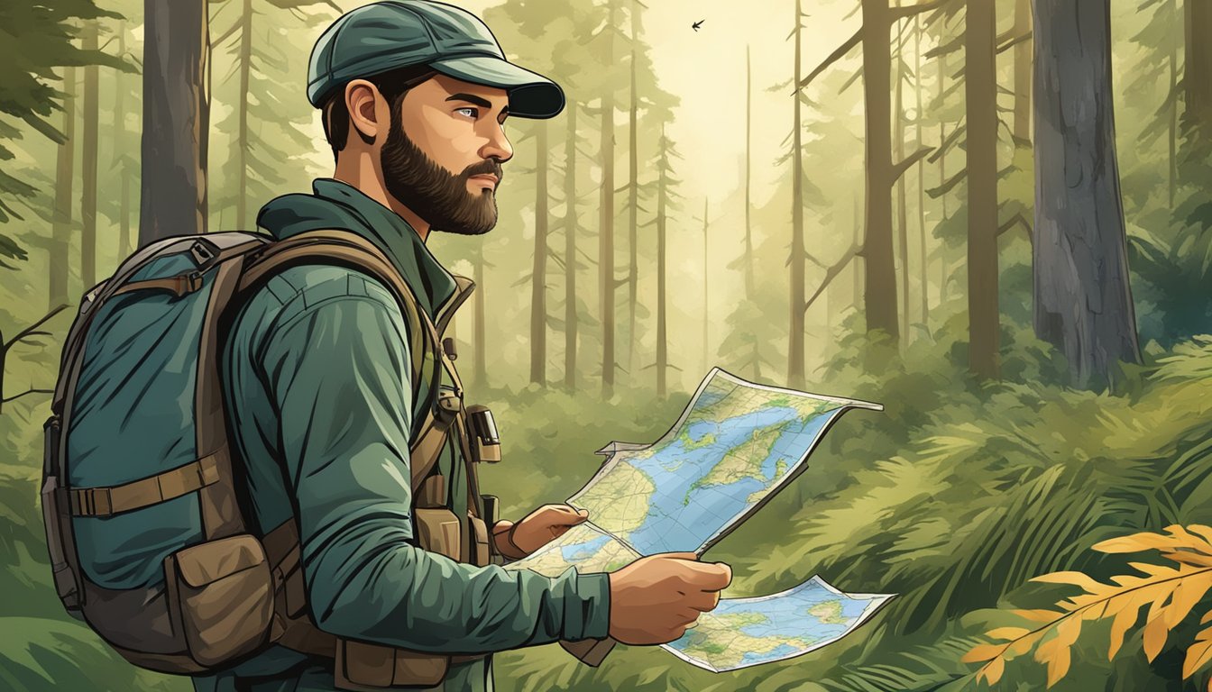 A hunter confidently navigating through a dense forest, equipped with a map and compass, while observing the surrounding wildlife