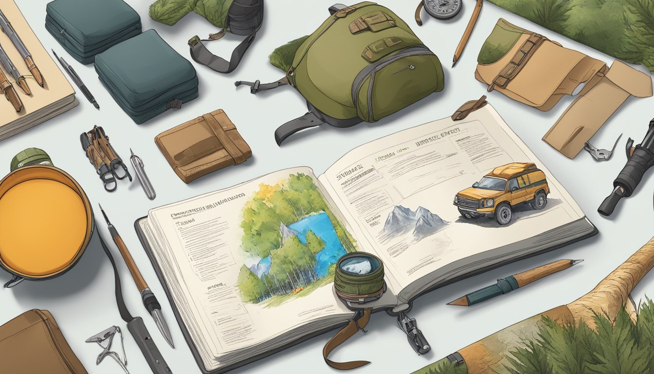 A hunter education workbook surrounded by outdoor gear and wildlife illustrations