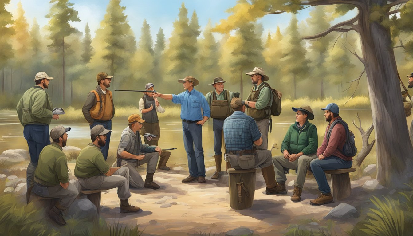 A group of wildlife agency representatives and hunters collaborate in a free hunter education workshop, discussing and sharing knowledge in a natural setting