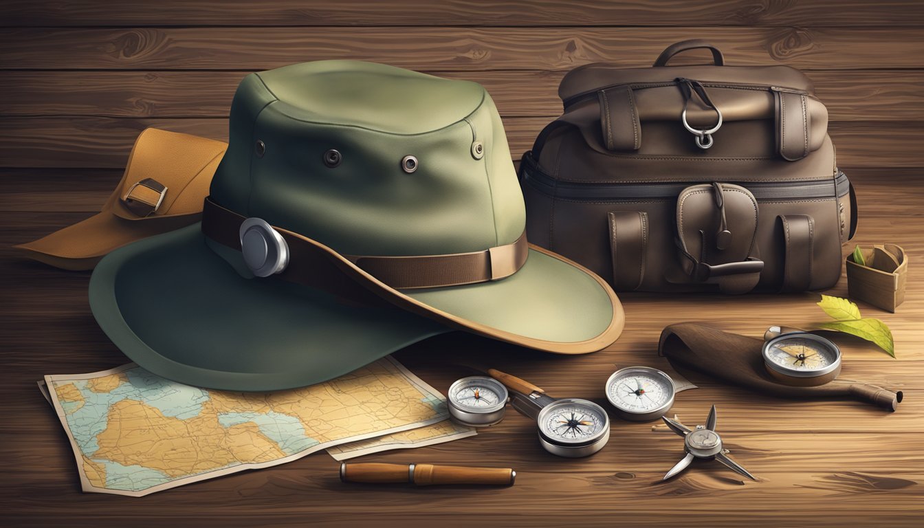 A hunter education hat on a rustic wooden table, surrounded by a compass, map, and other outdoor gear