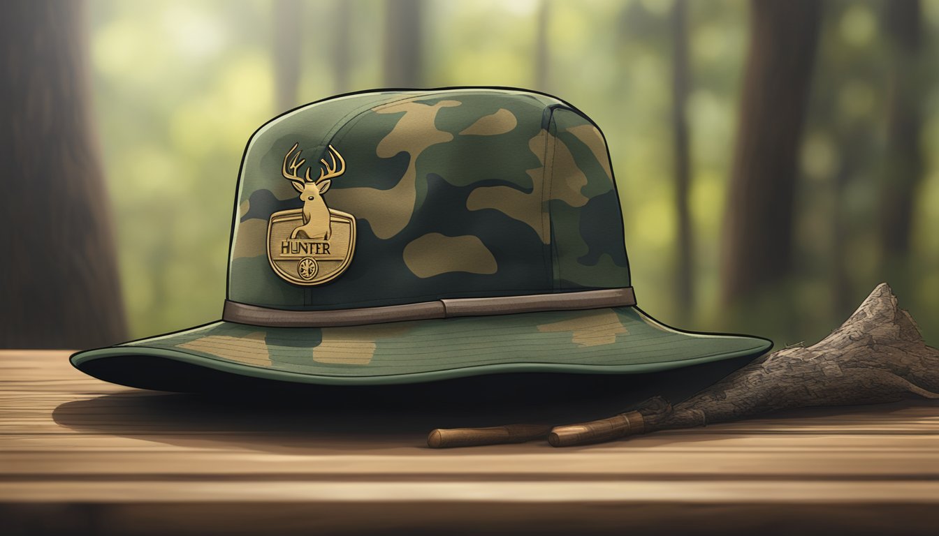 A hunter education hat sitting on a wooden table with a camouflage pattern and a small emblem of a deer