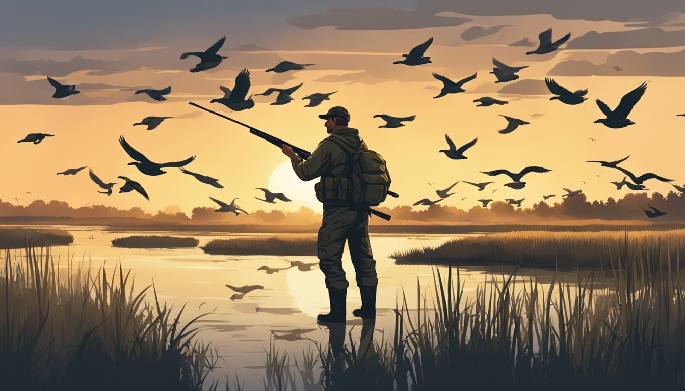 A hunter wearing a camouflage hat with a built-in headlamp, standing in a marsh with a shotgun aimed at a flock of ducks flying overhead