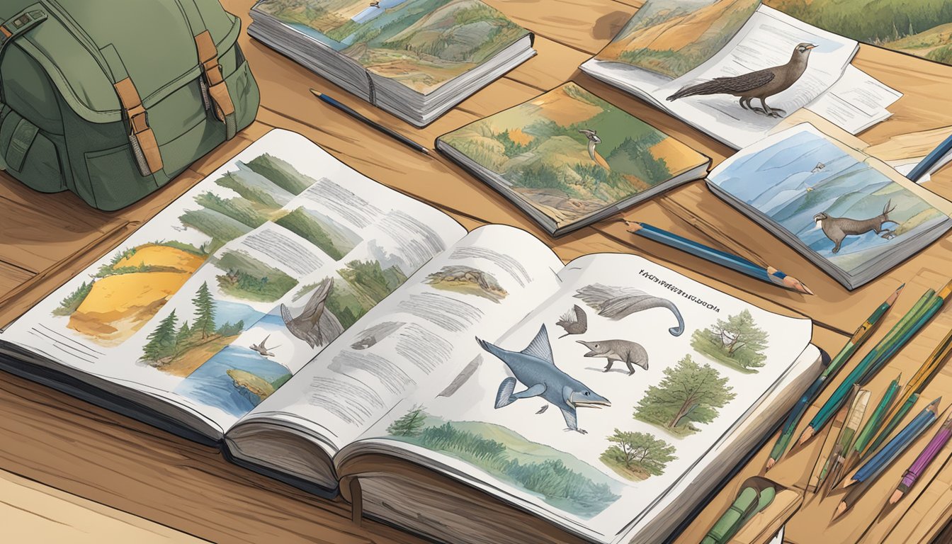 A hunter education workbook open on a desk with a pencil, surrounded by outdoor gear and wildlife illustrations