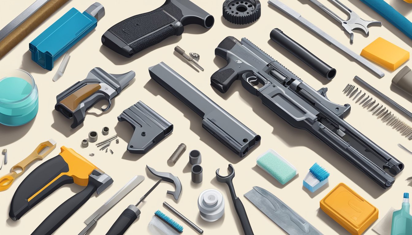 A disassembled firearm laid out on a clean workbench with various tools and cleaning supplies scattered around