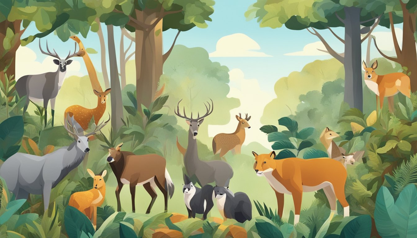 A group of animals in a forest, with a variety of trees and plants, and a clear sky above