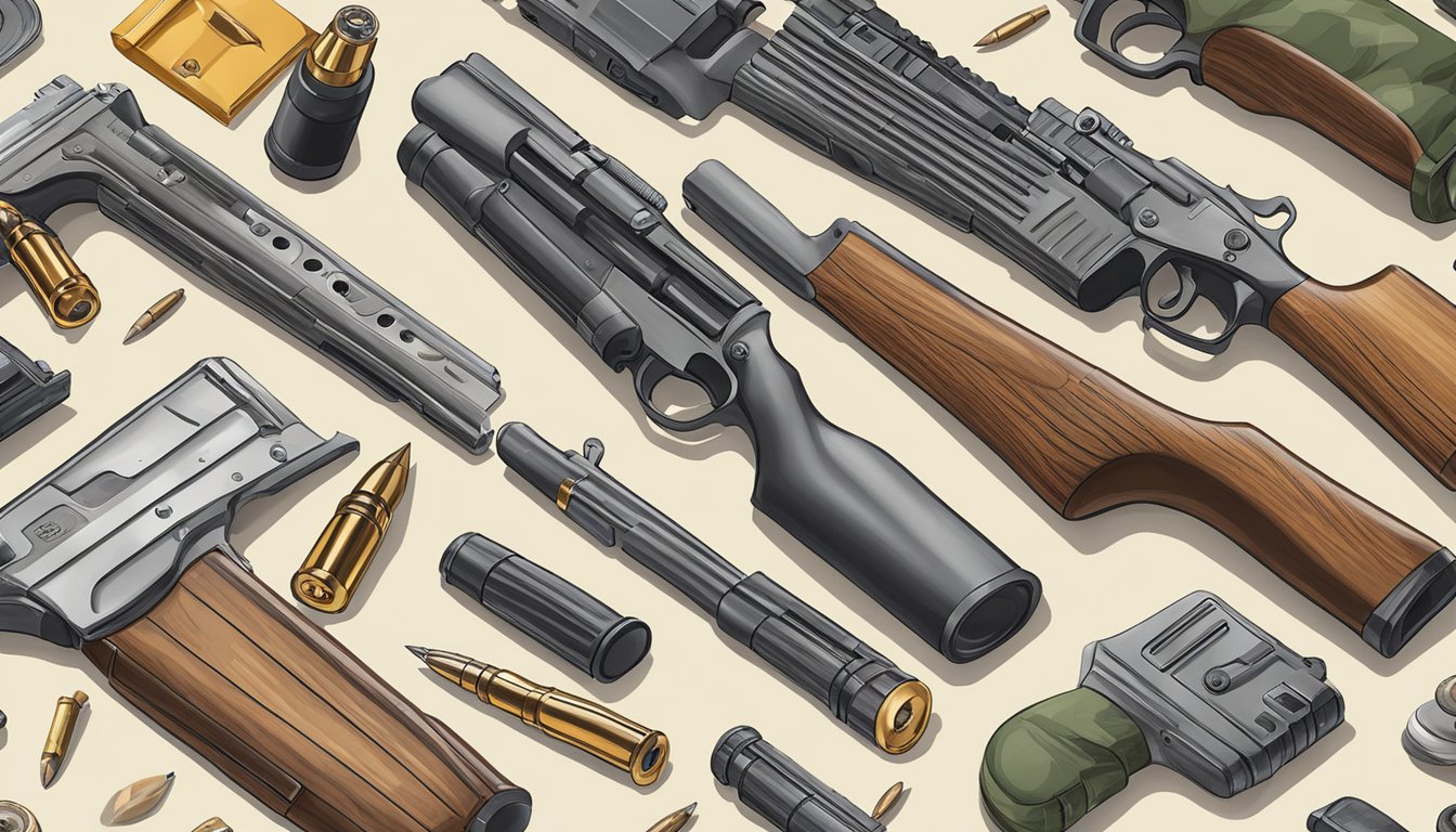 A variety of firearms and types of ammunition arranged on a table for a hunter education homework worksheet