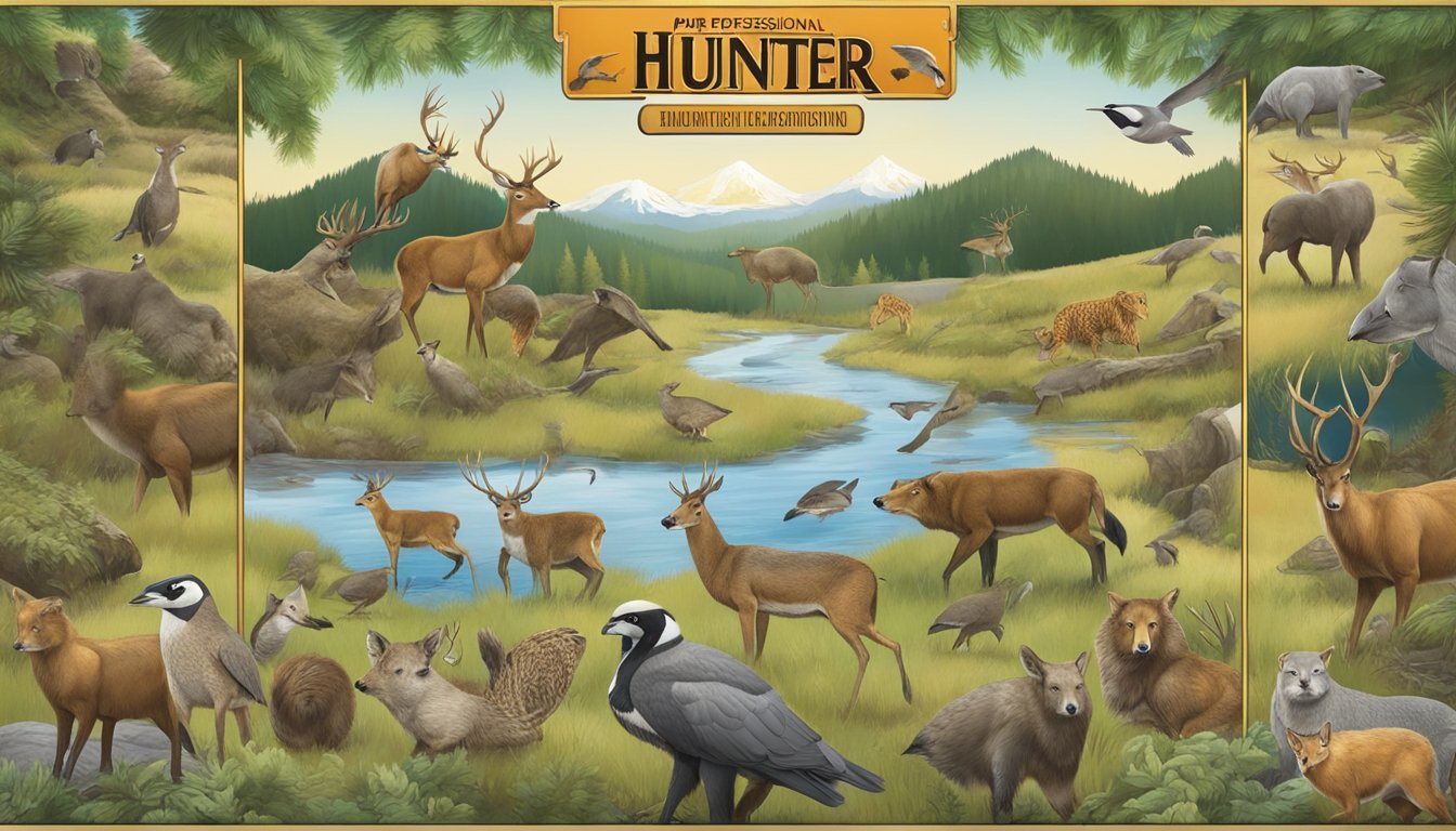 A group of wildlife illustrations surrounding a hunter education game board, with images of different animals and hunting safety equipment