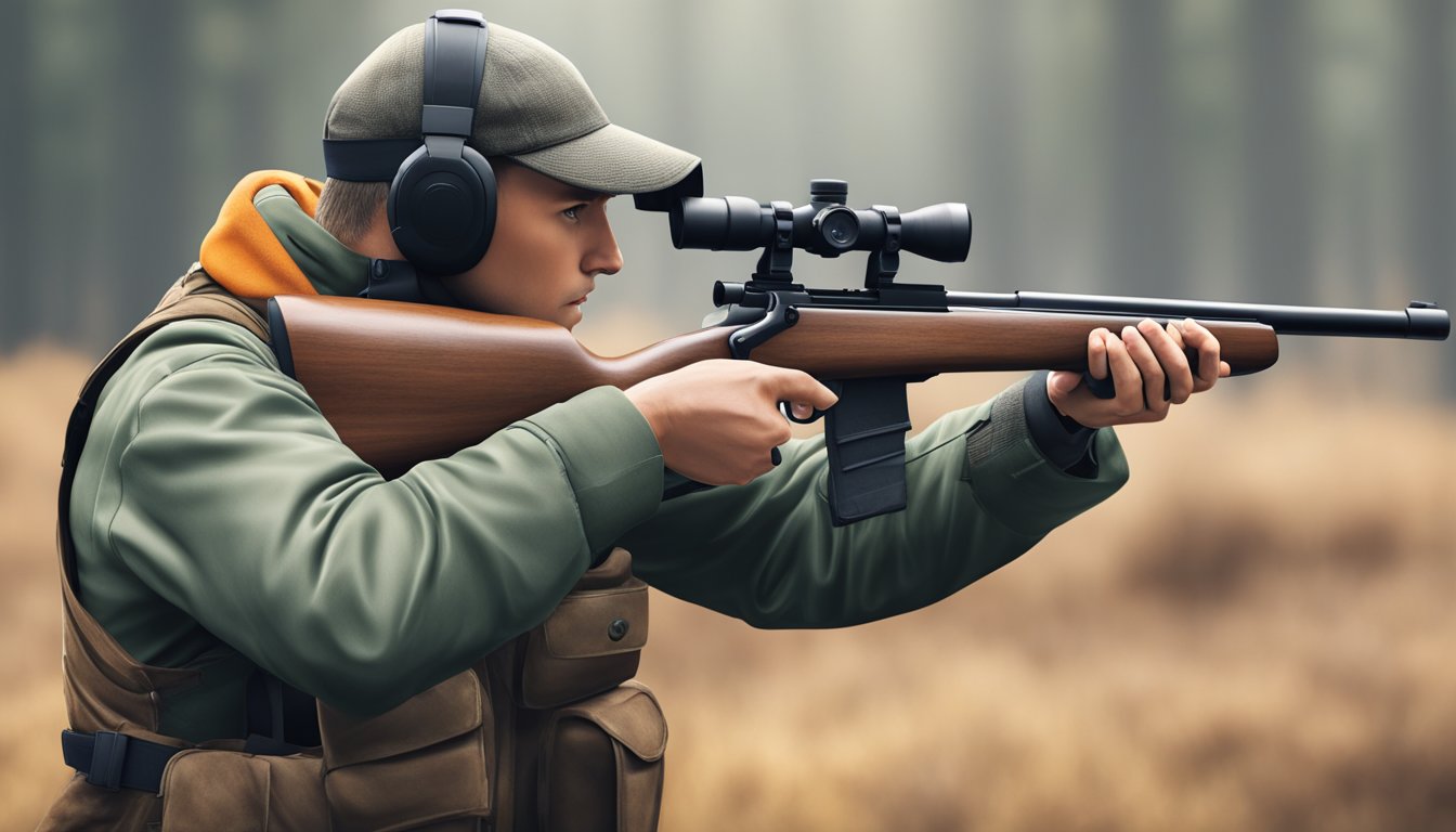 A hunter aiming a rifle at a target with proper shooting stance and technique demonstrated