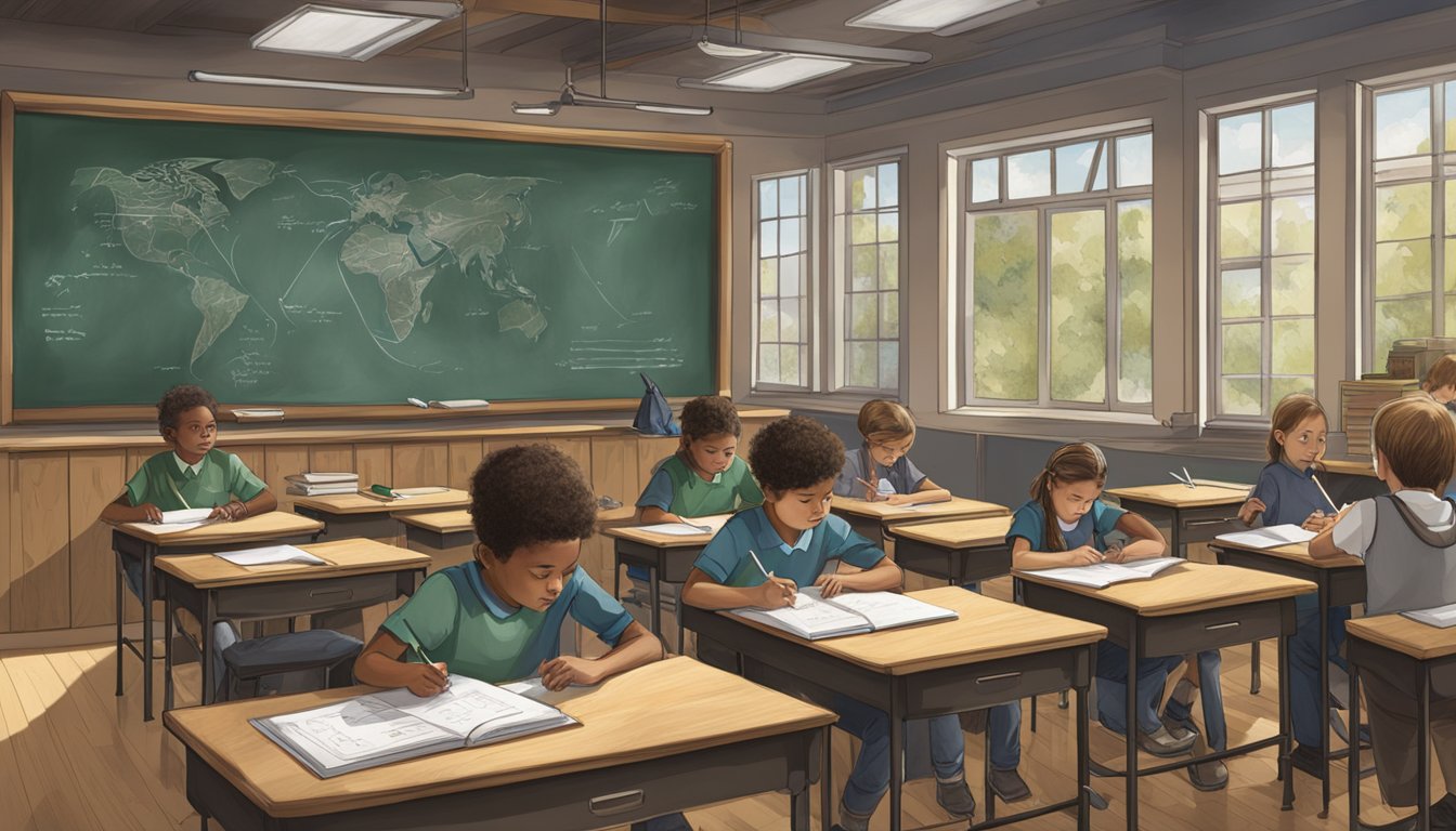 A hunter's education classroom with diagrams of sighting systems on a chalkboard, and students taking notes at their desks