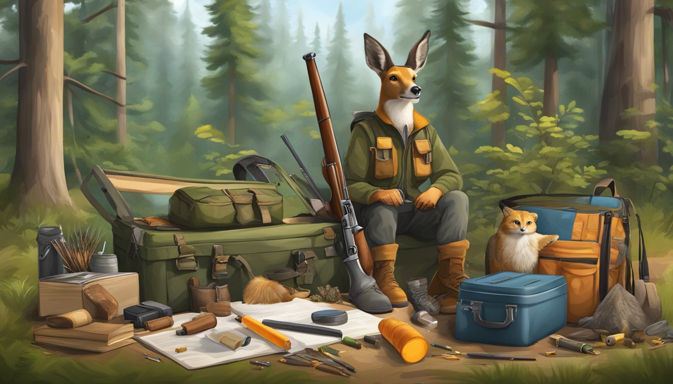 A hunter education game set in a forest with wildlife, hunting equipment, and educational materials scattered around