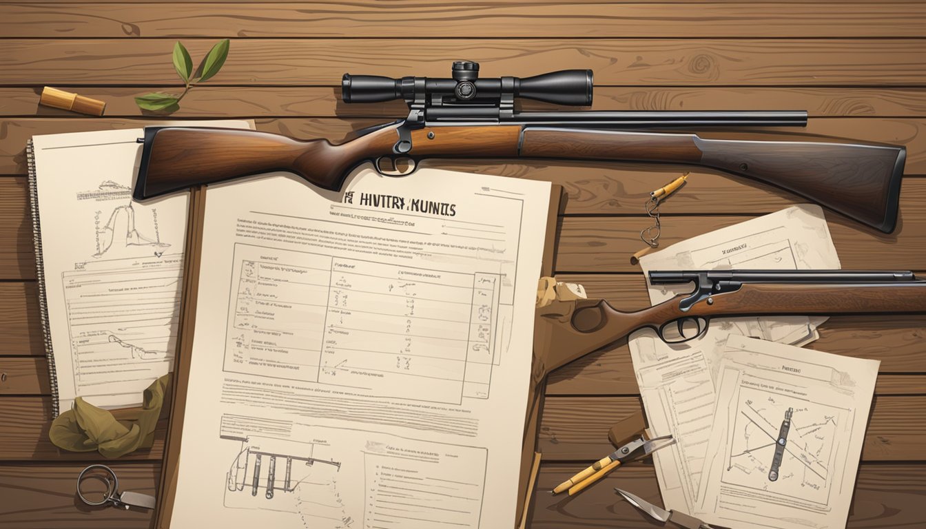 A hunter's education worksheet with diagrams of shotguns and chokes, along with answer key, lies on a wooden table in a rustic cabin