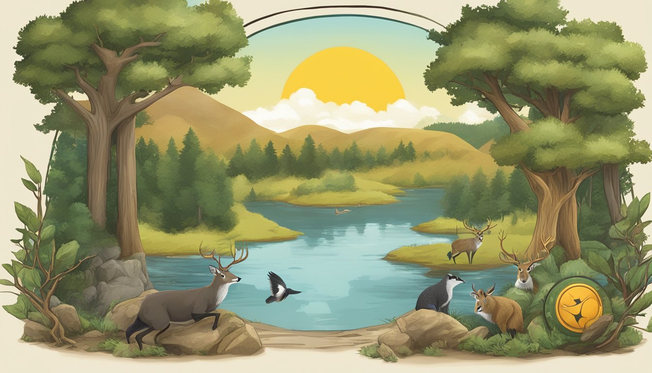 A hunter education game scene with wildlife, trees, and a certification symbol