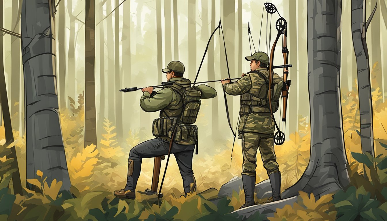 A bow, arrows, camouflage clothing, hunting boots, a tree stand, and a target set up in a wooded area