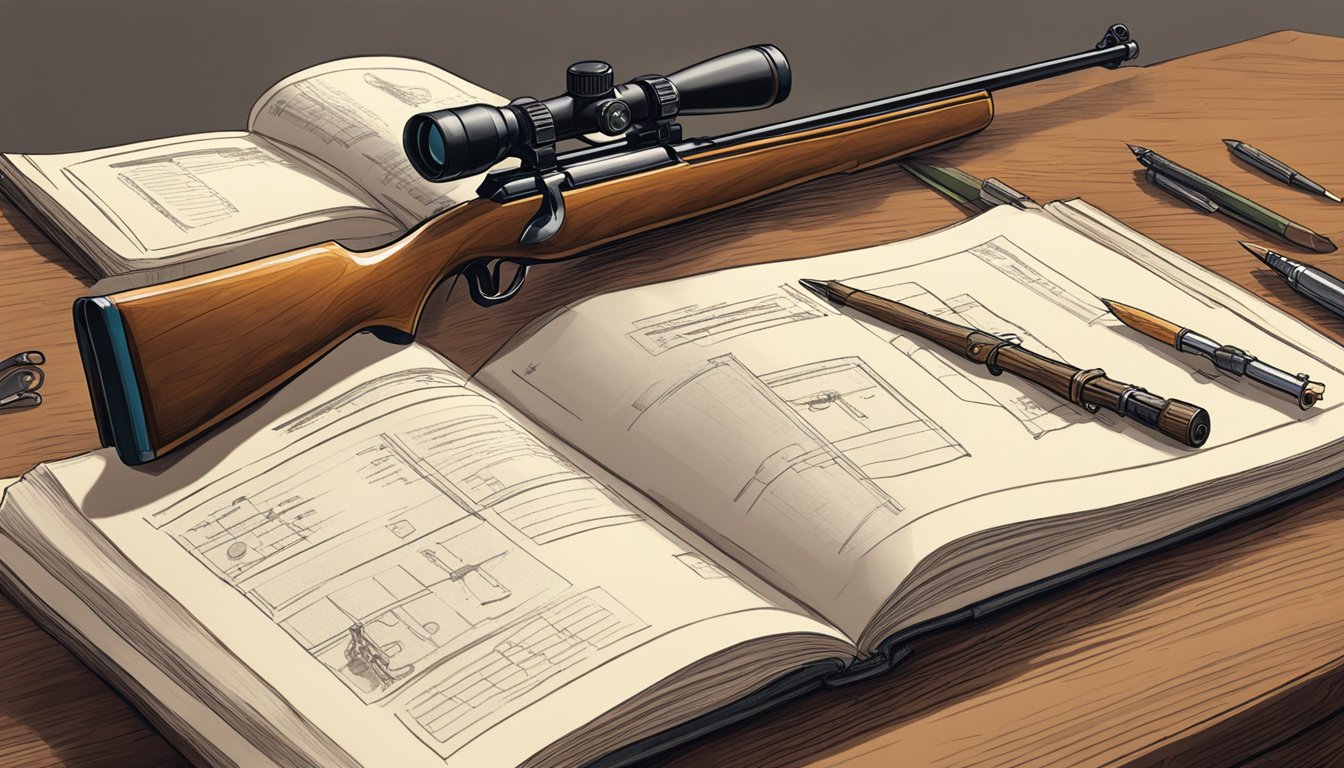 A hunter's education workbook open on a table, with a rifle and bow nearby