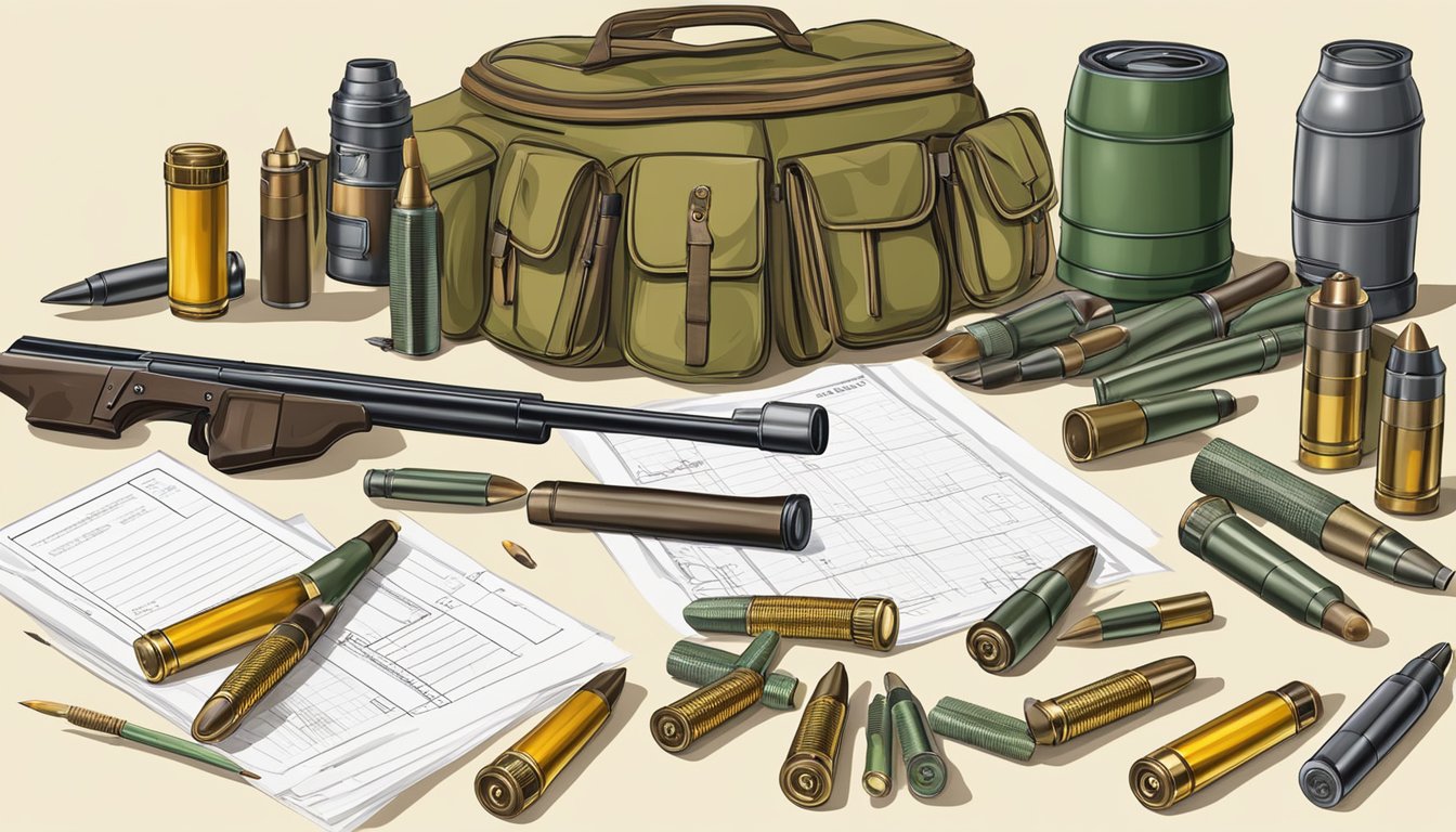 A hunter's table with various types of ammunition and a worksheet with answers