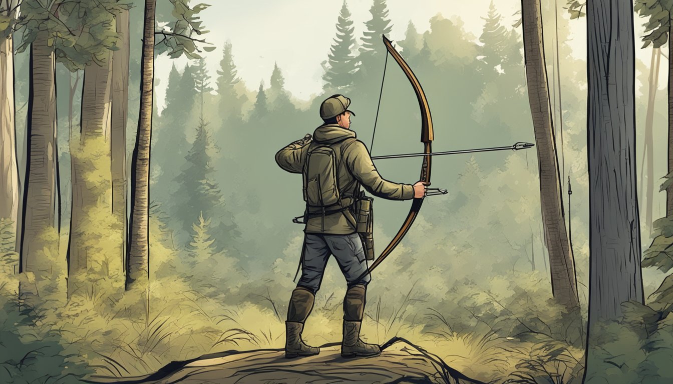 A hunter setting up a tree stand in a wooded area, with a bow and arrow ready for ethical hunting practices