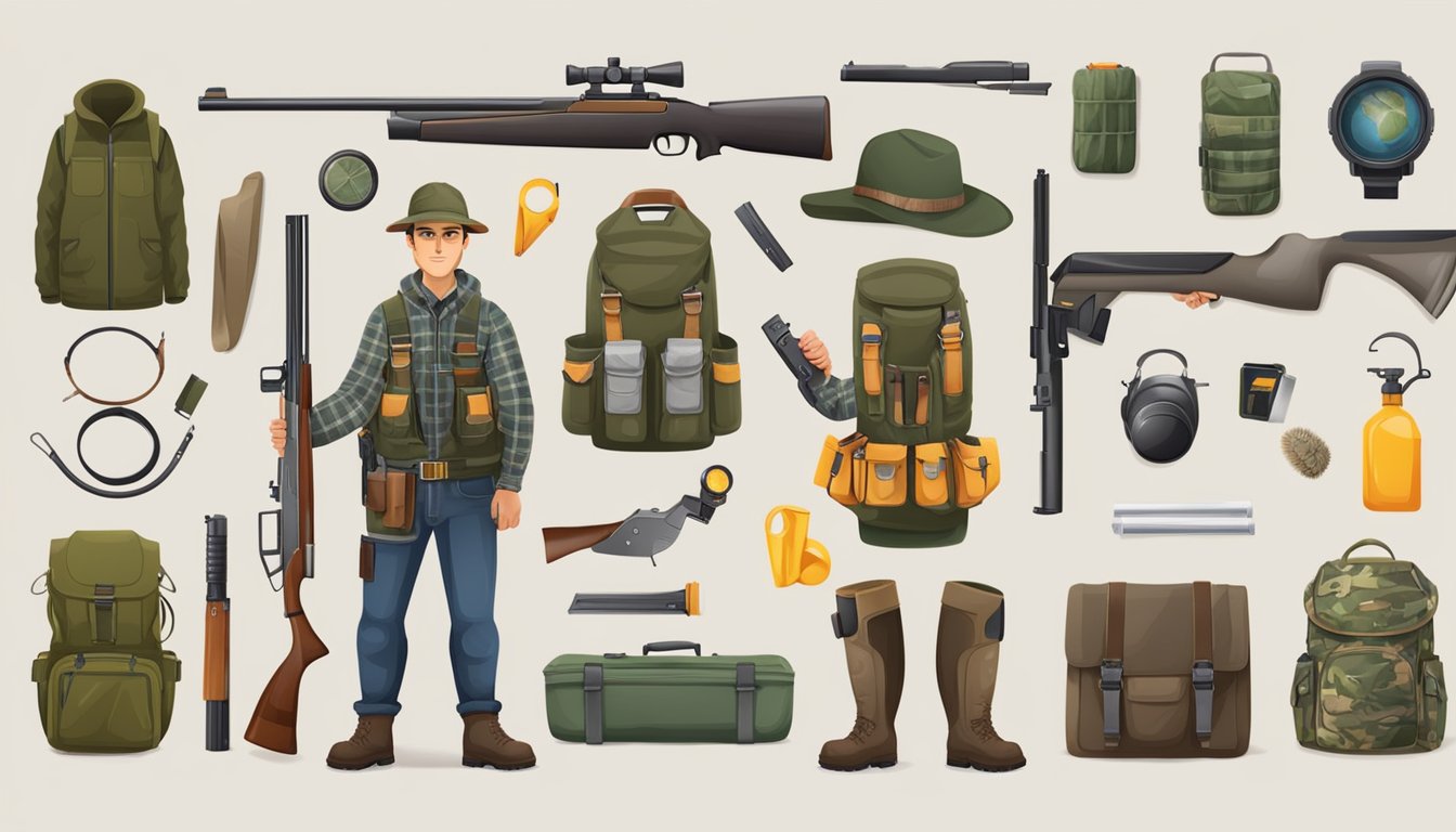 A hunter holding a firearm, surrounded by safety equipment and educational materials