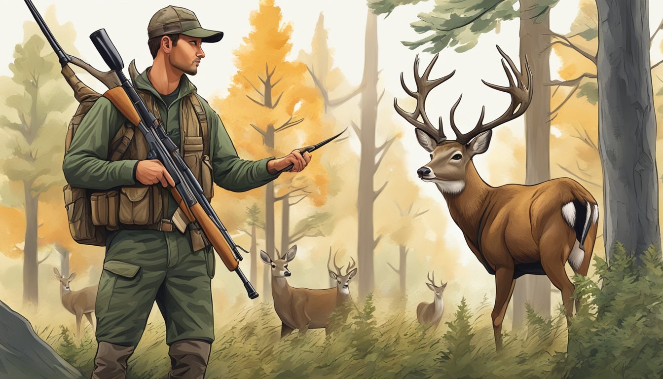 A hunter carefully field dresses a deer, surrounded by trees and wildlife