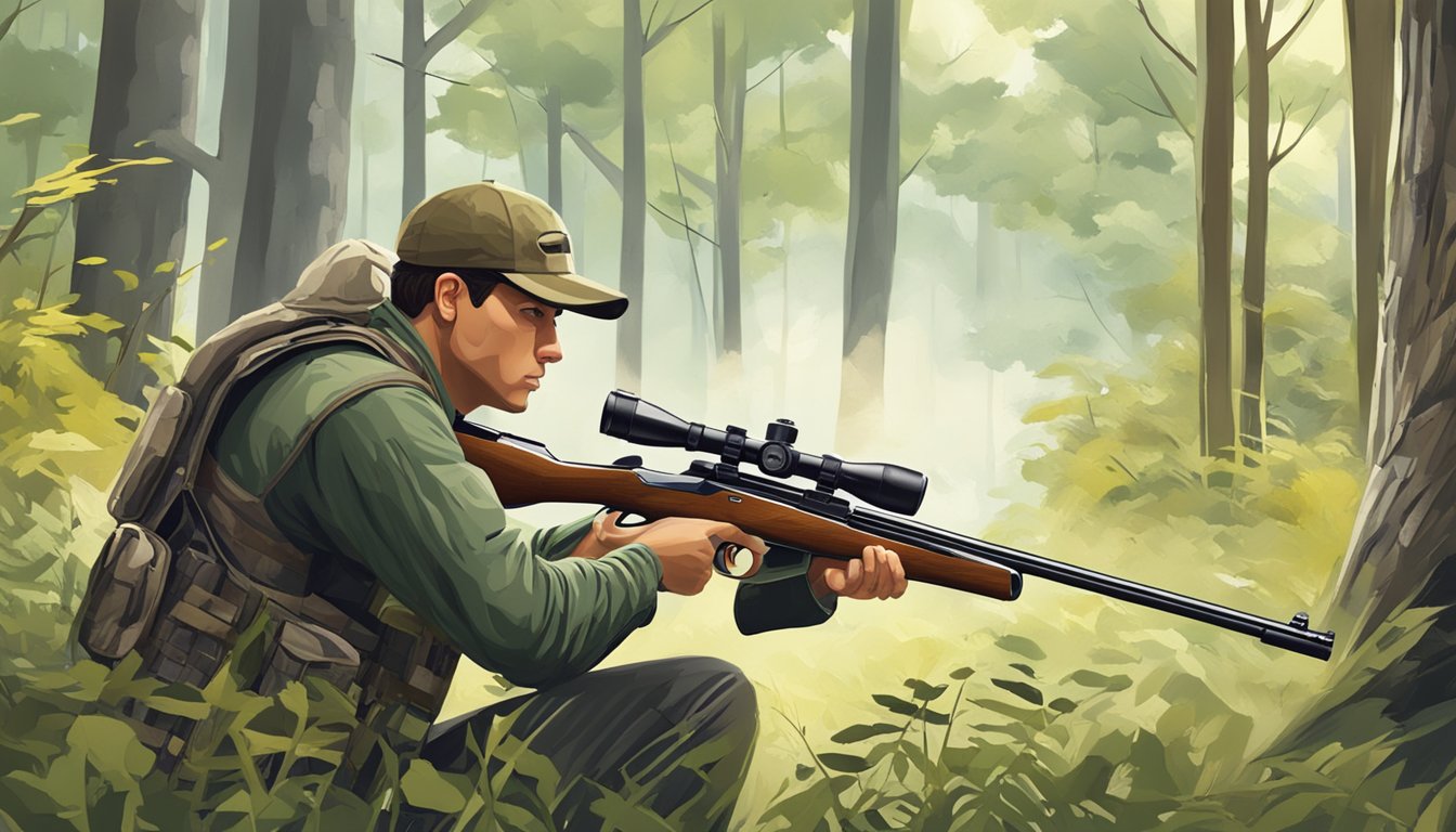 A hunter aiming a rifle at a target in a wooded area