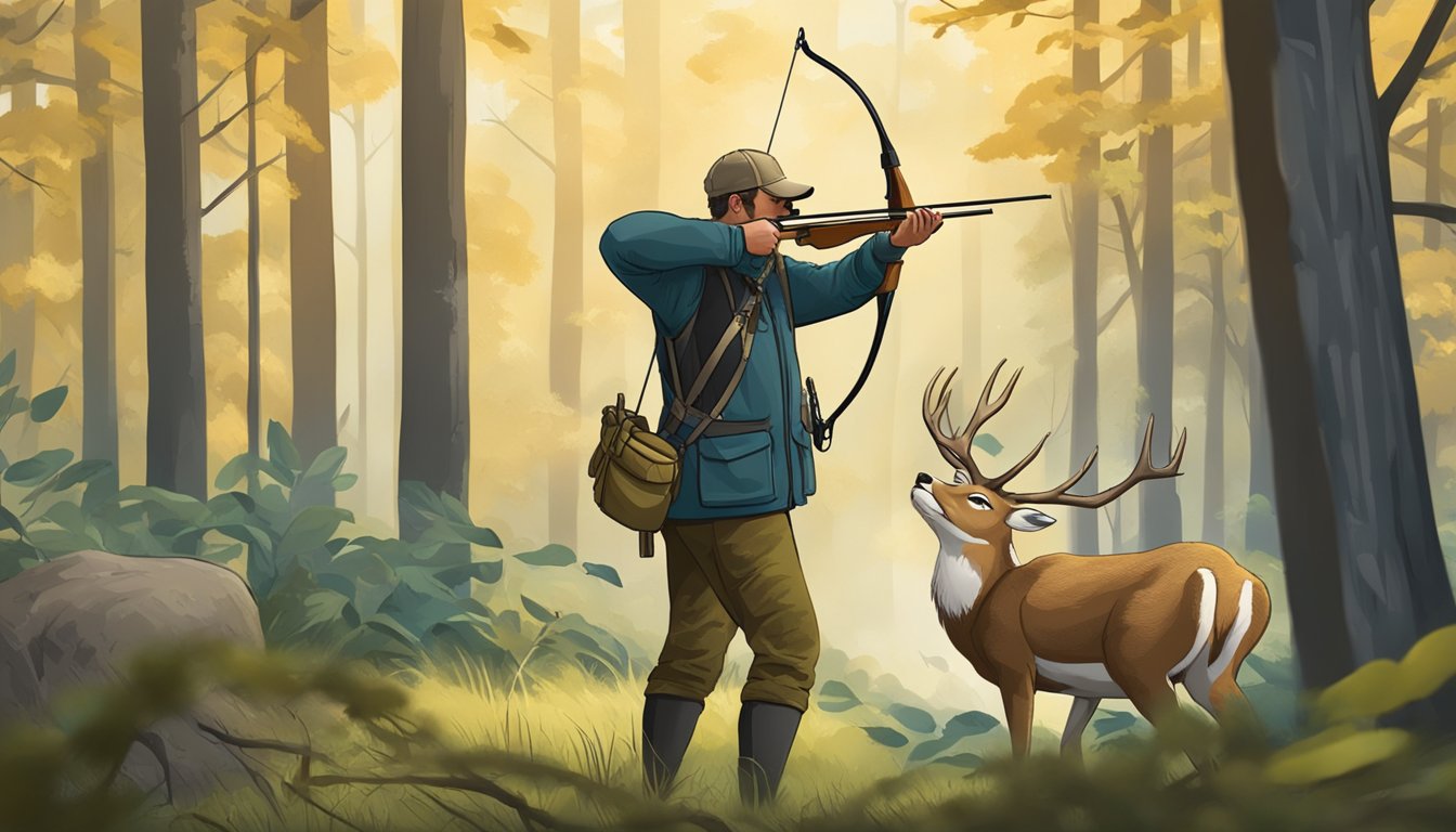 A hunter carefully aims a bow at a deer in a wooded area, ensuring a clean and ethical shot