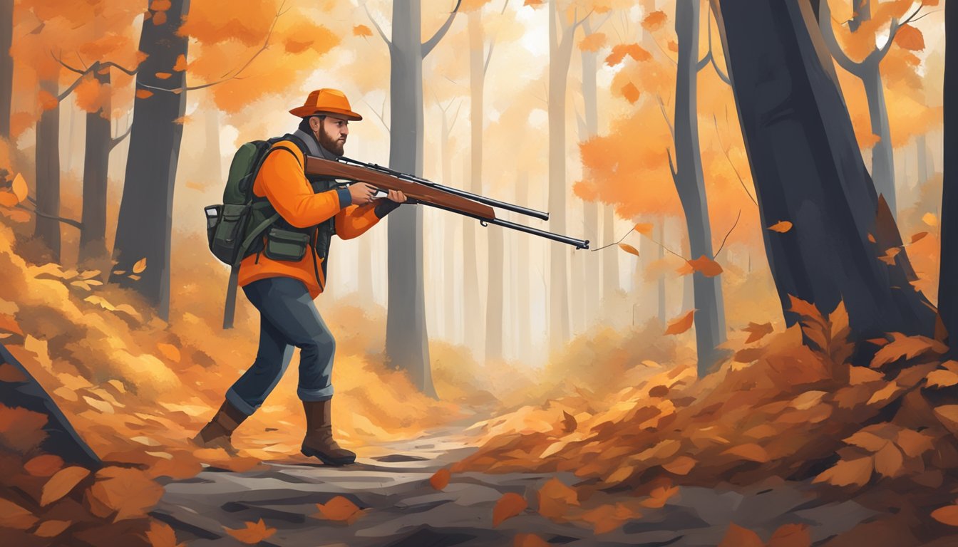 A hunter wearing a bright orange vest and hat, carrying a rifle, while carefully navigating through a dense forest with fallen leaves on the ground