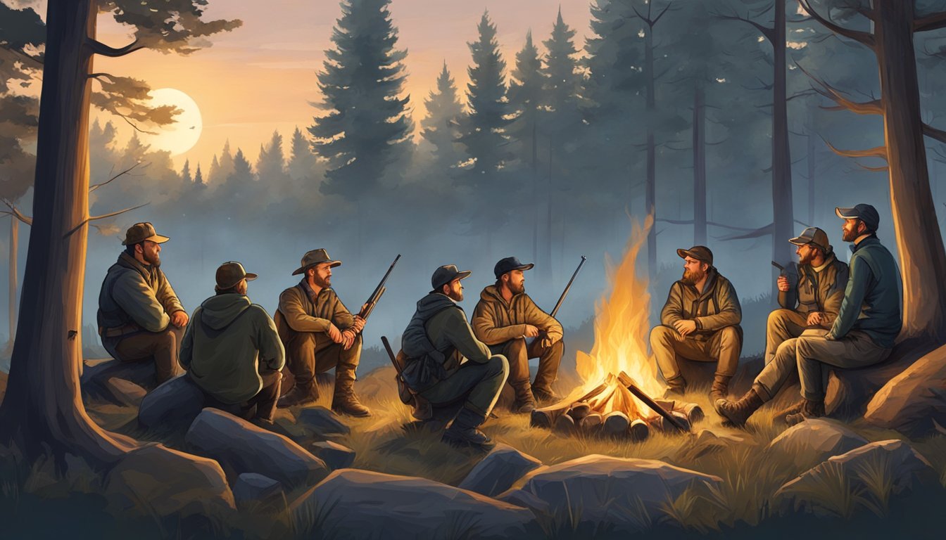 A group of hunters gather around a campfire, surrounded by trees and wildlife. They are discussing and planning their next hunting trip