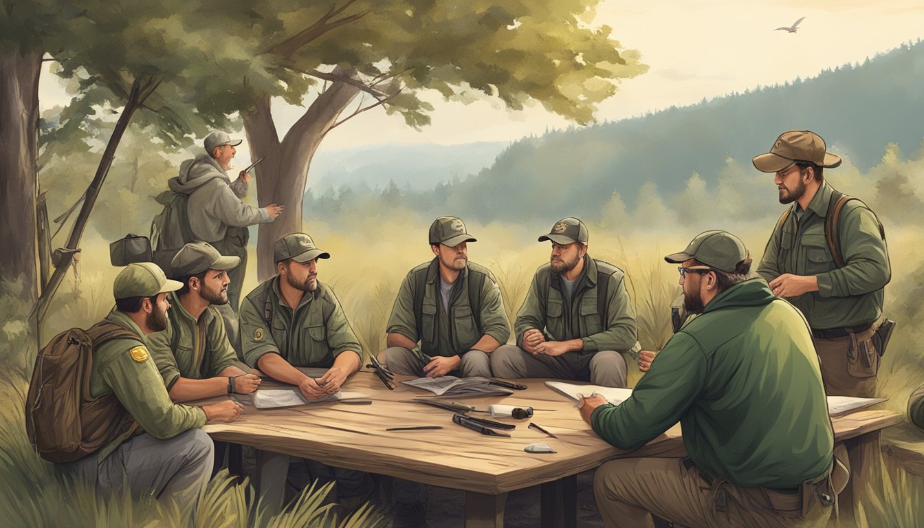 A group of wildlife management and conservation experts conducting a hunter education session in a natural outdoor setting